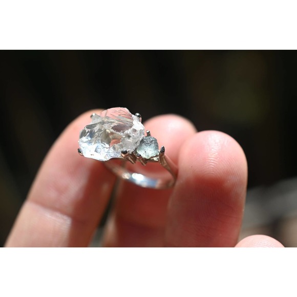 Raw Sapphire and Diamond Engagement Ring, Rough Diamond Ring, - Picture 2 of 10